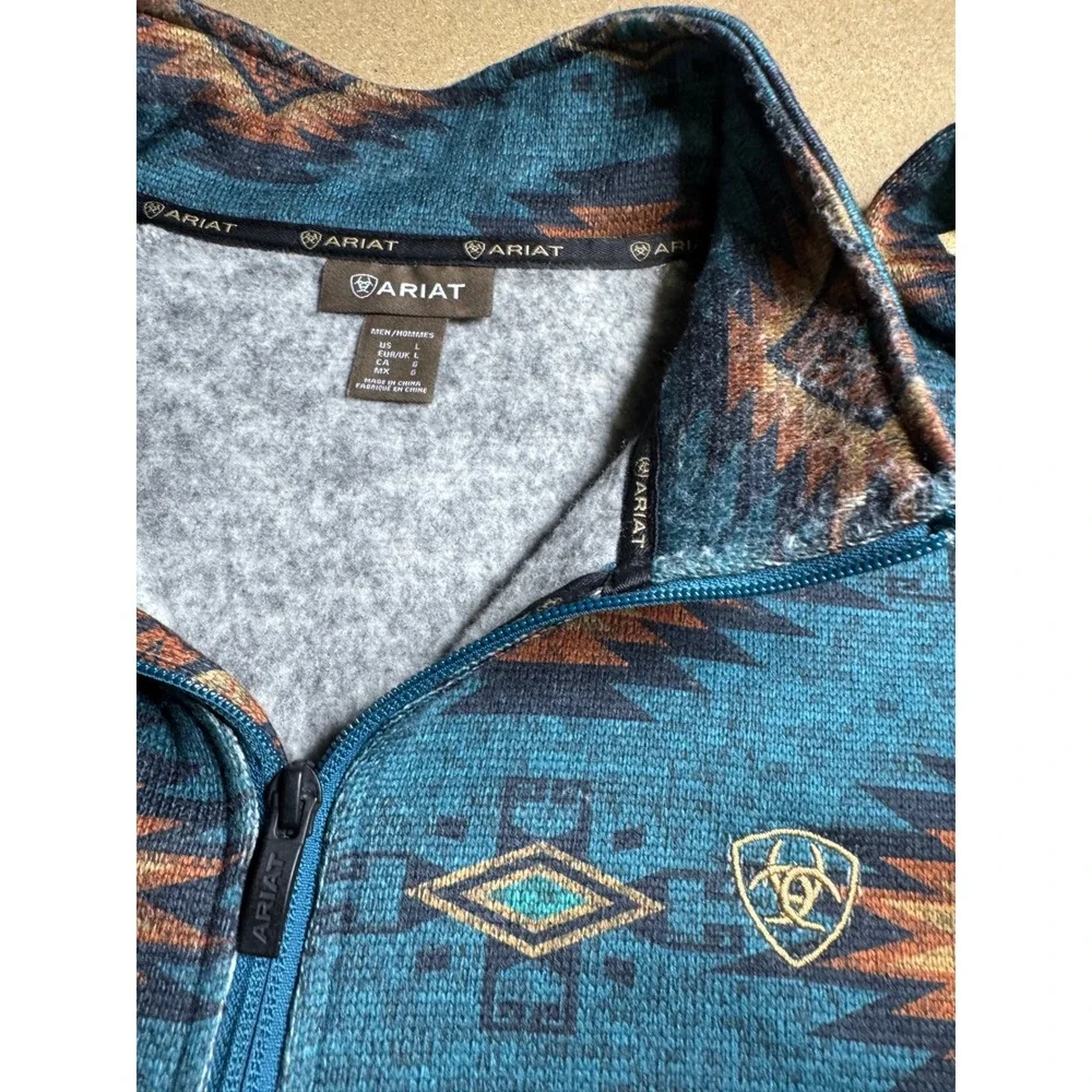 Ariat Mens Large Teal Blue Aztec Southwestern Quarter Zip Fleece Pullover Jacket